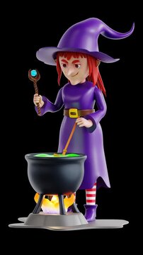 A spooky witch stirs a glowing magic potion in a boiling cauldron emitting green steam in a 3D video loop animation with a transparent background, ideal for Halloween horror events.