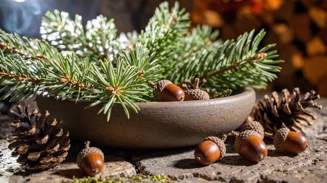 Pine tree branches and acorns in a rustic ceramic bowl with pinecones on a stone surface, winter holiday decoration and cozy nature concept