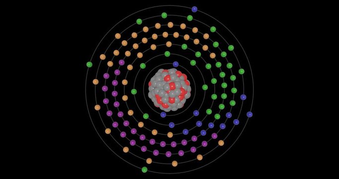 3D animation of a Flerovium atom on a transparent background showing shells, subshells, electron orbits, and nucleus with protons and neutrons, illustrating atomic structure and energy levels.