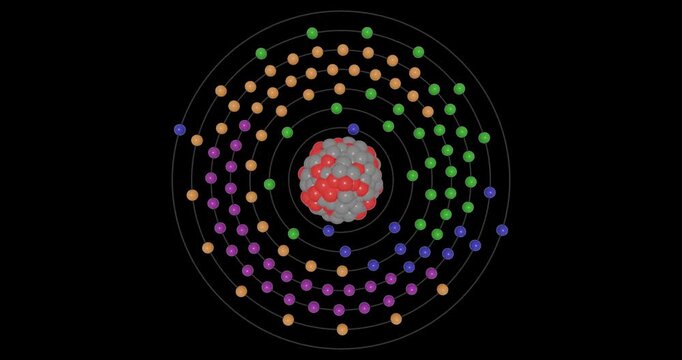 3D animation of a Roentgenium atom on a transparent background showing shells, subshells, electron orbits, and nucleus with protons and neutrons, illustrating atomic structure and energy levels.
