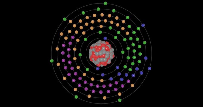 3D animation of a Tennessine atom on a transparent background showing shells, subshells, electron orbits, and nucleus with protons and neutrons, illustrating atomic structure and energy levels.