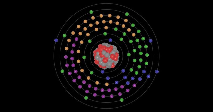 3D animation of a Fermium atom on a transparent background showing shells, subshells, electron orbits, and nucleus with protons and neutrons, illustrating atomic structure and energy levels.