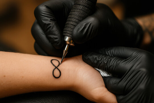 Tattoo artist wearing black gloves creating detailed infinity symbol tattoo on wrist with professional tattoo machine in close up view showing precise ink work and skin contact