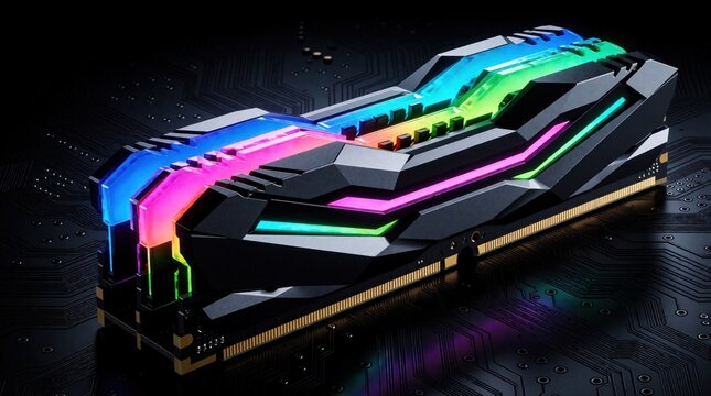 Computer RAM module with vibrant RGB LED lights glows on dark circuit board background. High performance memory for gaming PC upgrade. Modern tech component for fast computing.