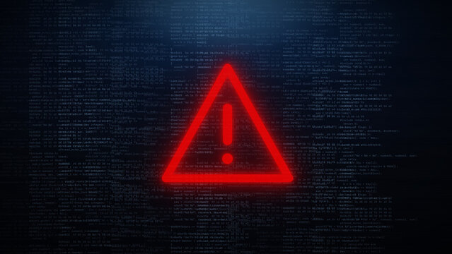 Red warning triangle alert icon over dense source code on dark blue screen, concept of cyber attack, hacking, data breach and security threat