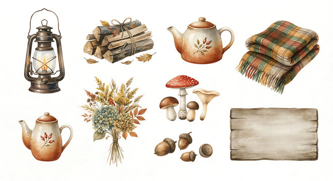 Watercolor autumn cozy elements set with lantern, teapot, mushrooms and rustic wood sign