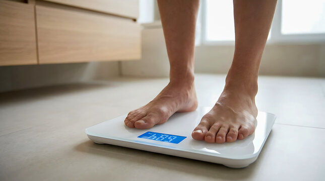 Person Standing on Digital Scale for Weight Control and Diet.