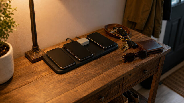 Entryway charging station with phones keys and wallet