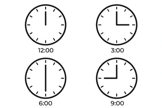Four Clocks Showing Different Times - 12 -00, 3 -00, 6 -00, and 9 -00.
