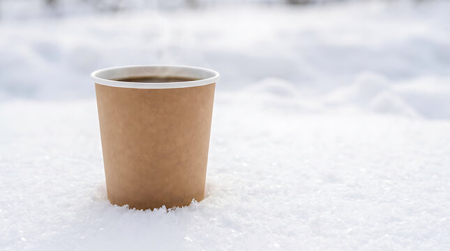 Hot Coffee in Cardboard Cup on Fresh Snow in Winter