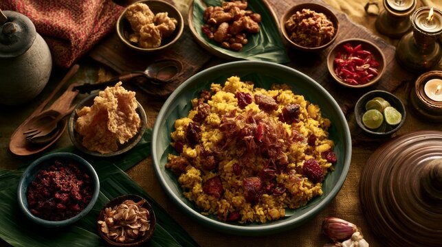 Vibrant Traditional Indonesian Rijsttafel with Colorful Dishes and Aromatic Spices on a Rustic Table Setting