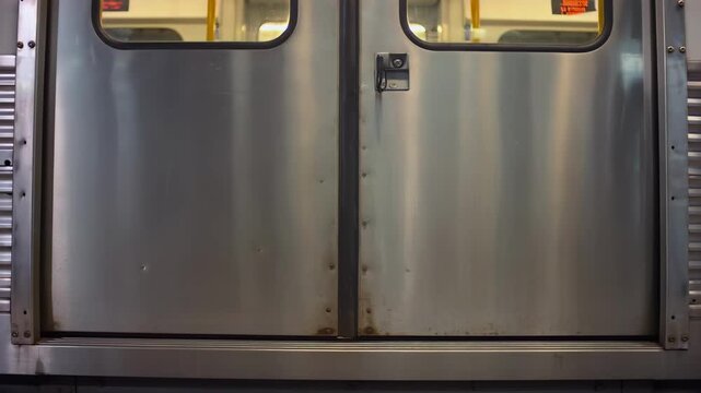 Train doors closing at empty platform entrance, missed connection, passenger delay, rail transit service, departure timing, transport access, public mobility disruption, and commuter uncertainty.