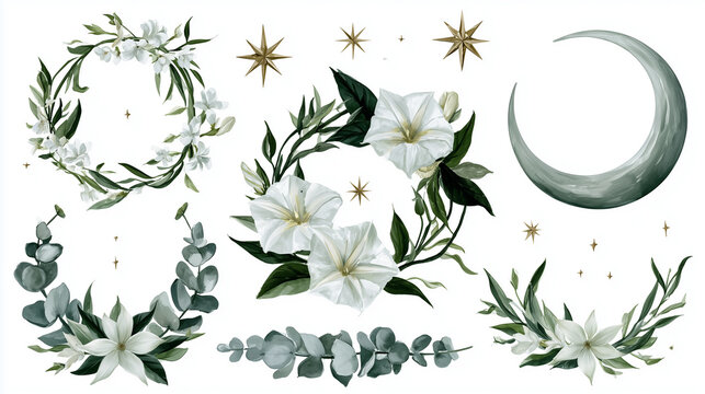 Watercolor floral wreaths and celestial elements set with crescent moon, gold stars and eucalyptus leaves on white background