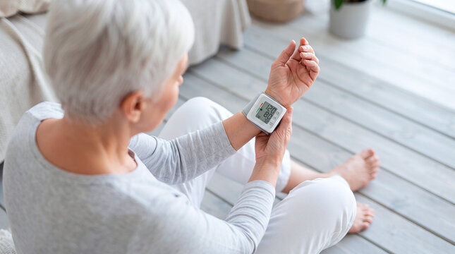 Elderly woman checks her blood pressure at home with a wrist monitor