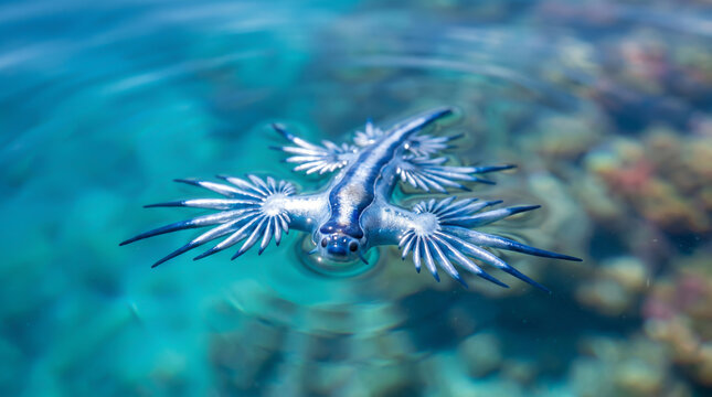 Blue Dragon Sea Slug Floating on Surface of Clear Turquoise Water