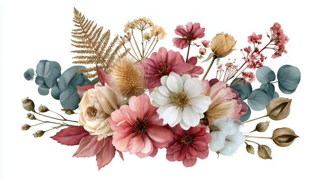 Boho Style Floral Arrangement with Dried Flowers, Eucalyptus, and Pink Zinnias Isolated on White Background