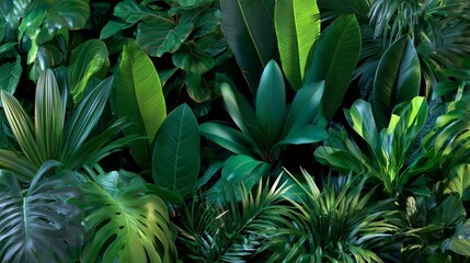 Obraz premium Lush Green Tropical Foliage Background Featuring Various Types of Leaves in Rich Shades of Green for Use in Nature-Inspired Designs and Projects