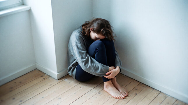 Young woman curled up in a corner, feeling isolated and withdrawn