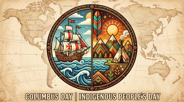 Columbus day and indigenous peoples day concept art featuring a split design with a historic sailing ship on one side and a traditional tipi with mountains on the other against a world map
