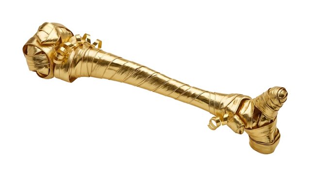 Christmas Human Body Part Anatomical human tibia bone model wrapped in shiny metallic gold ribbon isolated on white background, creative medical art concept, studio shot