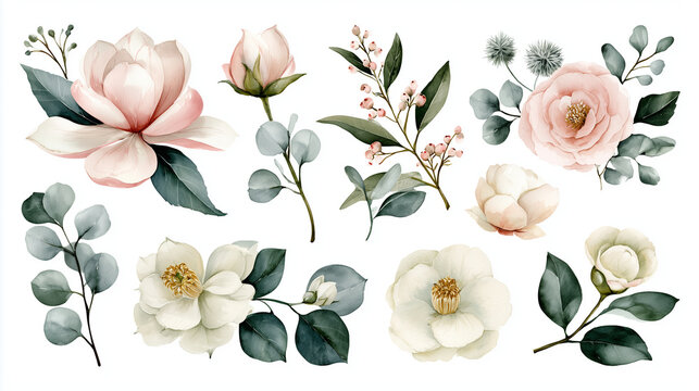 Watercolor floral set with elegant pink and white flowers, eucalyptus leaves, and branches isolated on white background