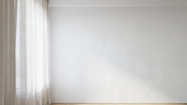 Sunlight streaming through white curtains onto a plain empty wall with curtain shadow interior design window light minimalist room home interior light rays