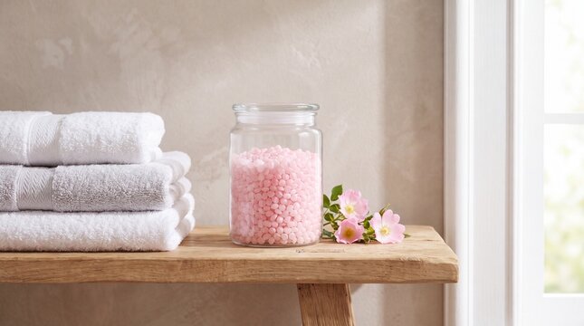 laundry fragrance beads, a minimalist glass jar of pink scent beads sits next to fluffy towels
