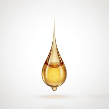Single golden essential oil drop falling against a plain white background with liquid drop serum drop cosmetic oil falling droplet skincare essence