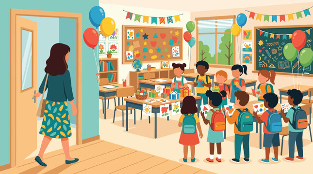 Diverse young students learning in a colorful classroom with teacher welcoming them