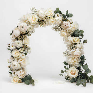 A arched wedding arrangement of white roses and green eucalyptus foliage with wedding arch flower arch floral arrangement eucalyptus leaves ceremony decor