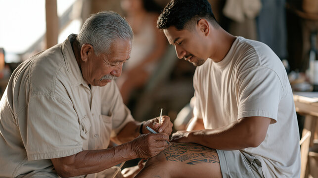 A Samoan elder tattoos a traditional pe'a pattern onto a young man's thigh using traditional hand tools, each geometric element encoding family lineage and ancestral memory