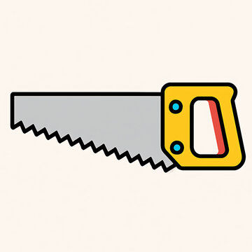 A flat vector illustration of a hand saw with a yellow handle and a sharp metal blade.