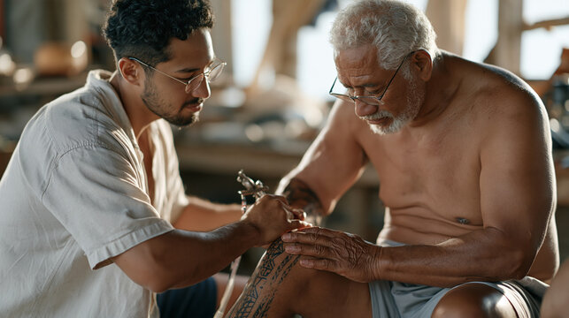 A Samoan elder tattoos a traditional pe'a pattern onto a young man's thigh using traditional hand tools, each geometric element encoding family lineage and ancestral memory