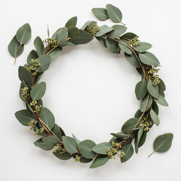 Decorative circular wreath made of fresh green eucalyptus leaves with botanical wreath floral decoration rustic decor round wreath wedding decor greenery