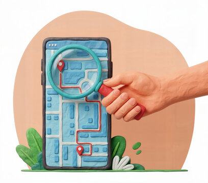 GPS navigation map on smartphone, clay style illustration with hand holding magnifying glass searching for location pins