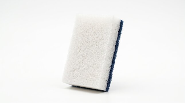 Clean white kitchen sponge with a blue scrubbing layer for washing dishes