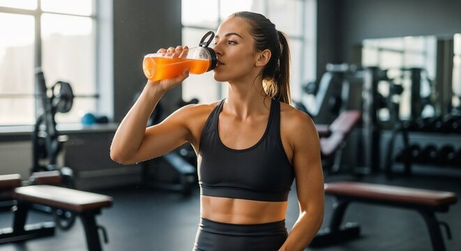 Female athlete drinking electrolyte drink in gym while wearing black sportswear. Close-up of focused athlete enjoying refreshing beverage after workout in fitness center.