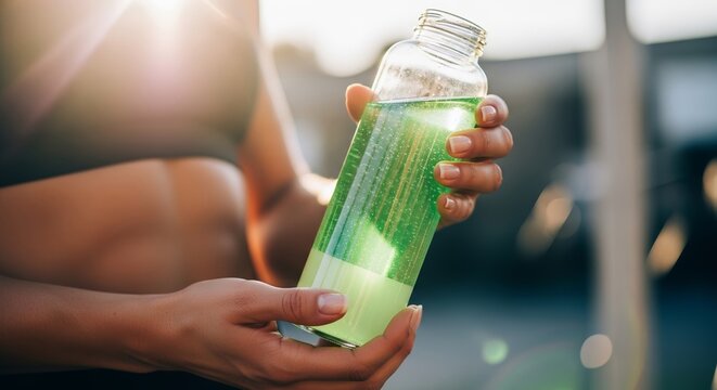 Female athlete holding electrolyte drink bottle in gym environment with sunlight reflecting off container. Refreshing electrolyte drink provides hydration and energy for active lifestyle.