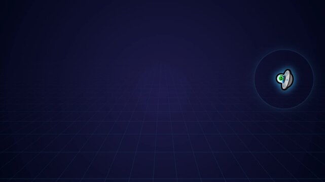 Small glowing ufo icons floating on dark grid background