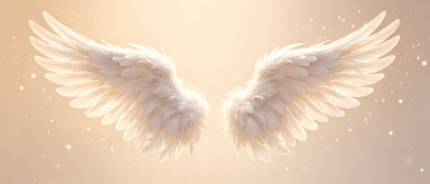 Pair of White Angel Wings with Glowing Particles on Warm Background