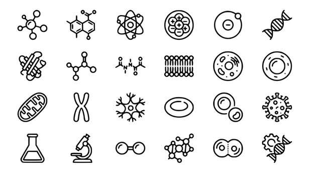 Molecule cell atom and protein editable stroke outline icon set scientific vector illustration