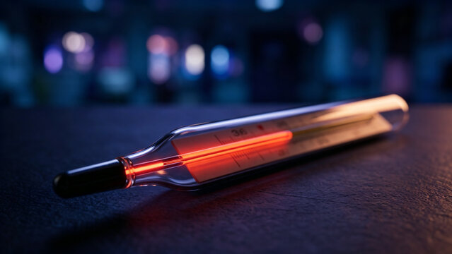 Medical glass thermometer showing a high fever on a dark background