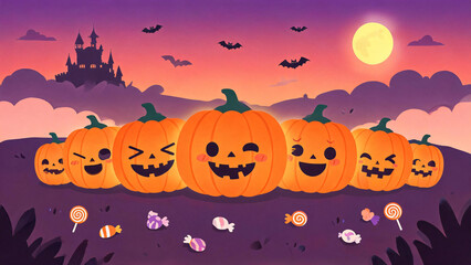 Fototapeta premium Cute Halloween pumpkins with candies pink purple sunset illustration