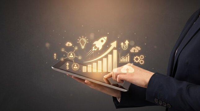Business professional holding tablet showing swift growth icons, startup rocket launch, and innovative technology data visualization for corporate success.