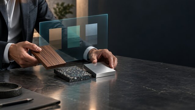 Designer choosing material samples with digital visualization
