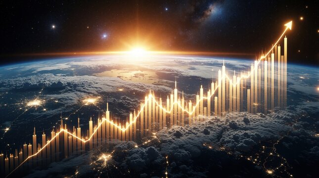Golden financial chart with upward arrow above planet Earth at dawn. Abstract digital growth bars rise over clouds and city lights in outer space. Universe backdrop signals innovation and progress.