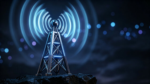 Futuristic Communication Tower Broadcasting Signal Waves at Night