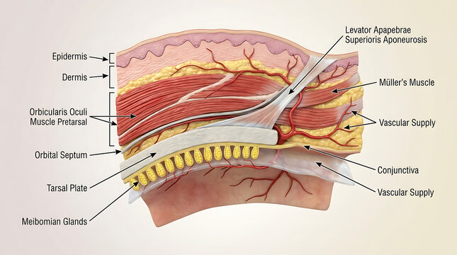 3D Photorealistic Complete Human Eyelid Anatomy with Layers Muscles Tarsus Glands and Vascular Supply