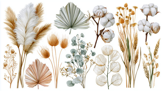Set of watercolor dried flowers and tropical leaves isolated on white background, boho style floral elements