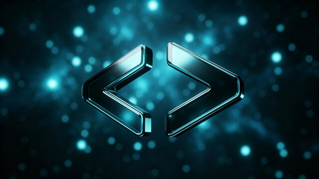 Abstract Code Programming Bracket Symbol on Glowing Blue Bokeh Background